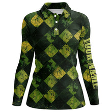 Load image into Gallery viewer, Green and Yellow argyle grunge pattern Women golf polo shirts custom golf apparel for ladies NQS8113