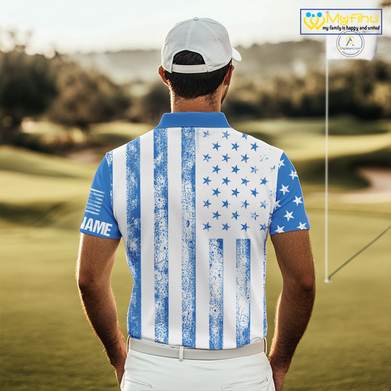 Personalized Blue & White American Flag Retro Men golf polo shirts Custom Patriotic golf top for men NQS10308