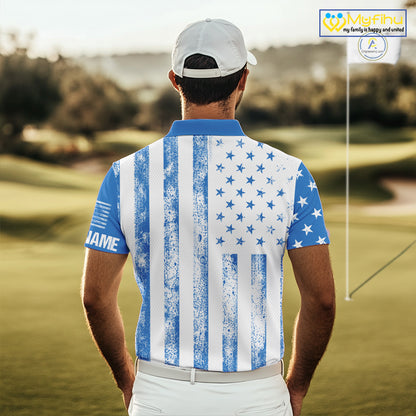 Personalized Blue & White American Flag Retro Men golf polo shirts Custom Patriotic golf top for men NQS10308