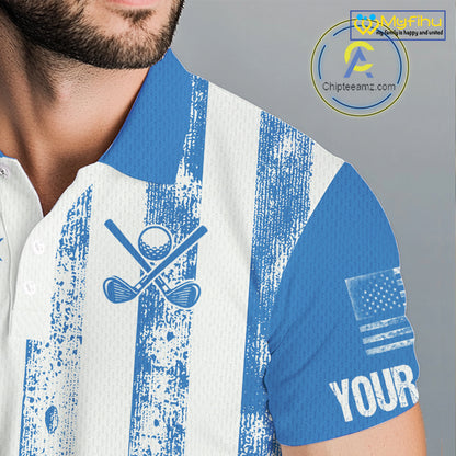 Personalized Blue & White American Flag Retro Men golf polo shirts Custom Patriotic golf top for men NQS10308