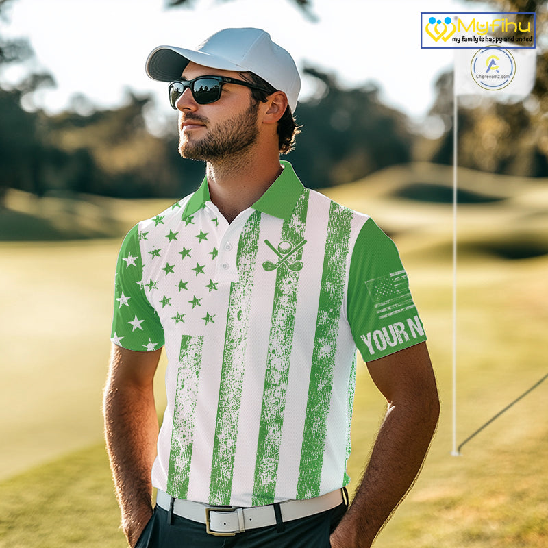 Personalized Green & White American Flag Retro Men golf polo shirts Custom Patriotic golf top for men NQS10309