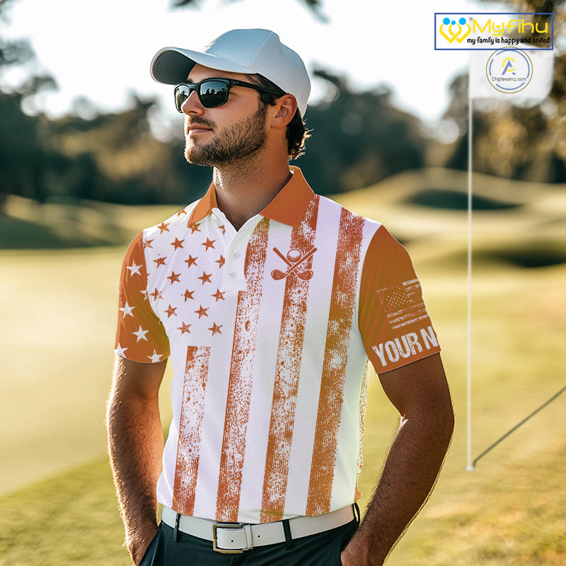 Personalized Orange & White American Flag Retro Men golf polo shirt Custom Patriotic golf top for men NQS10310
