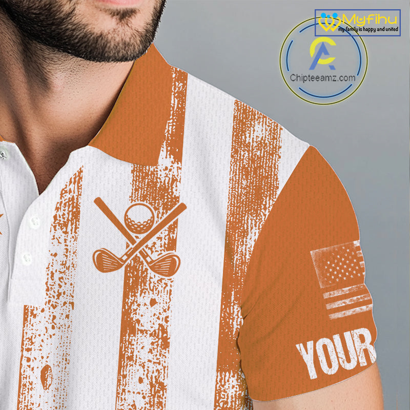 Personalized Orange & White American Flag Retro Men golf polo shirt Custom Patriotic golf top for men NQS10310