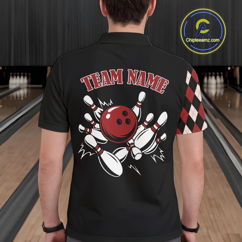 Black and Red Argyle Pattern Retro Bowling Polo, Quarter Zip Shirt for Men Custom Team Bowling Outfit NQS10510