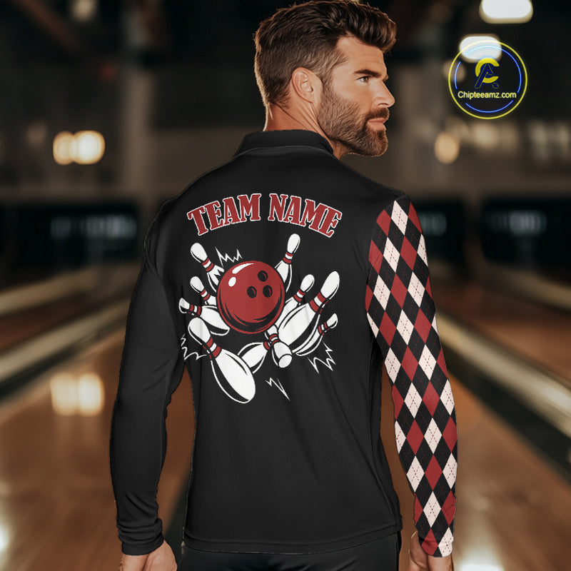 Black and Red Argyle Pattern Retro Bowling Polo, Quarter Zip Shirt for Men Custom Team Bowling Outfit NQS10510