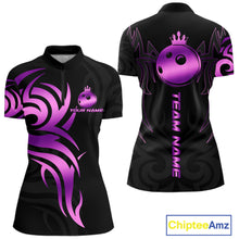 Load image into Gallery viewer, Black and Purple crown Bowling ball Polo, Quarter Zip Shirts for Women Custom Bowling Team jerseys NQS10732