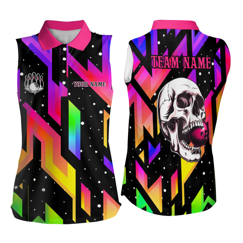 Colorful Black Skull Women sleeveless polo shirts Custom Skull Bowling Jerseys, gift for bowlers NQS9021