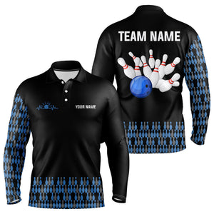 Black and Blue Camo Bowling Polo, 1/4 zip shirts for men Custom Team Bowling Jerseys, gift for bowlers NQS9026