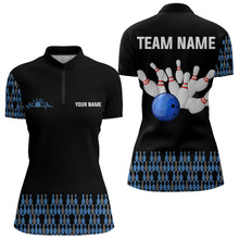 Load image into Gallery viewer, Black and Blue Camo Bowling Polo, 1/4 zip shirts for women Custom Team Bowling Jersey, gift for bowler NQS9026