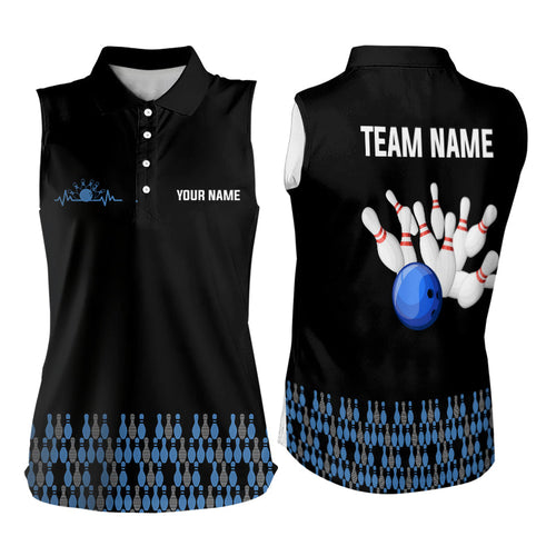 Black and Blue Camo Women sleeveless polo shirts Custom Team Bowling Jerseys, gift for bowlers NQS9026