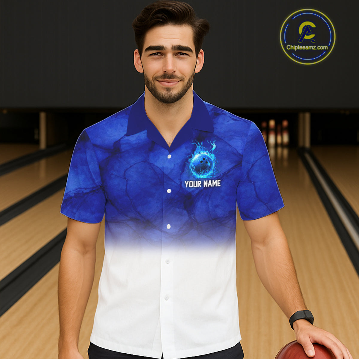 Blue and White Bowling Hawaiian Shirt Custom Team Bowling button up shirt, gift for bowlers NQS11321