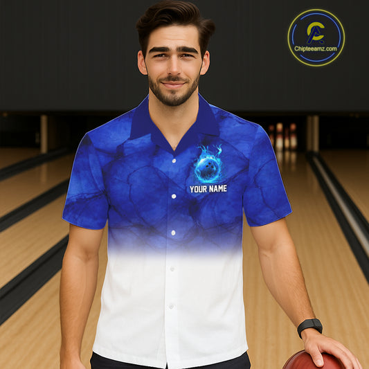 Blue and White Bowling Hawaiian Shirt Custom Team Bowling button up shirt, gift for bowlers NQS11321
