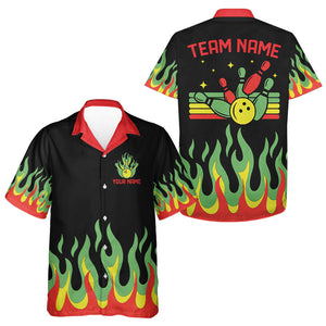 Black, Green and Red Flame Retro Bowling Hawaiian Shirt Custom Team Bowling button up shirts NQS9426