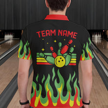 Load image into Gallery viewer, Black, Green and Red Flame Retro Bowling Polo, Quarter Zip Shirt for Men Custom Bowling Team Jerseys NQS9426