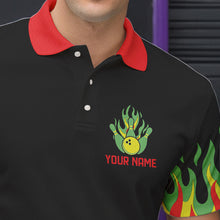 Load image into Gallery viewer, Black, Green and Red Flame Retro Bowling Polo, Quarter Zip Shirt for Men Custom Bowling Team Jerseys NQS9426