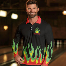 Load image into Gallery viewer, Black, Green and Red Flame Retro Bowling Polo, Quarter Zip Shirt for Men Custom Bowling Team Jerseys NQS9426