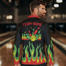 Load image into Gallery viewer, Black, Green and Red Flame Retro Bowling Polo, Quarter Zip Shirt for Men Custom Bowling Team Jerseys NQS9426