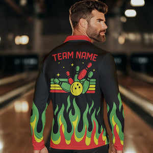 Black, Green and Red Flame Retro Bowling Polo, Quarter Zip Shirt for Men Custom Bowling Team Jerseys NQS9426