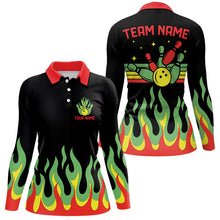 Load image into Gallery viewer, Black, Green and Red Flame Retro Bowling Polo, Quarter Zip Shirt for Women Custom Bowling Team Jerseys NQS9426