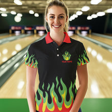 Load image into Gallery viewer, Black, Green and Red Flame Retro Bowling Polo, Quarter Zip Shirt for Women Custom Bowling Team Jerseys NQS9426