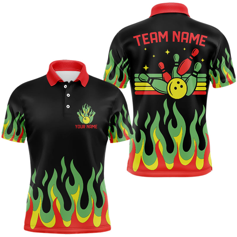 Black, Green and Red Flame Retro Bowling Polo, Quarter Zip Shirt for Men Custom Bowling Team Jerseys NQS9426