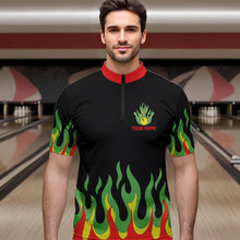 Load image into Gallery viewer, Black, Green and Red Flame Retro Bowling Polo, Quarter Zip Shirt for Men Custom Bowling Team Jerseys NQS9426