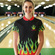 Load image into Gallery viewer, Black, Green and Red Flame Retro Bowling Polo, Quarter Zip Shirt for Women Custom Bowling Team Jerseys NQS9426