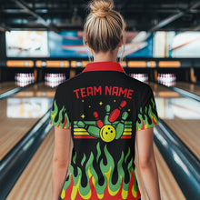 Load image into Gallery viewer, Black, Green and Red Flame Retro Bowling Polo, Quarter Zip Shirt for Women Custom Bowling Team Jerseys NQS9426