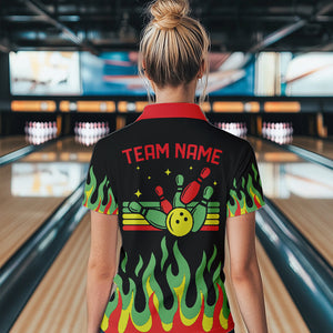 Black, Green and Red Flame Retro Bowling Polo, Quarter Zip Shirt for Women Custom Bowling Team Jerseys NQS9426