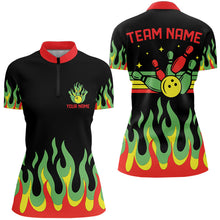 Load image into Gallery viewer, Black, Green and Red Flame Retro Bowling Polo, Quarter Zip Shirt for Women Custom Bowling Team Jerseys NQS9426