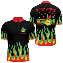 Load image into Gallery viewer, Black, Green and Red Flame Retro Bowling Polo, Quarter Zip Shirt for Men Custom Bowling Team Jerseys NQS9426