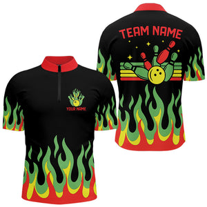 Black, Green and Red Flame Retro Bowling Polo, Quarter Zip Shirt for Men Custom Bowling Team Jerseys NQS9426