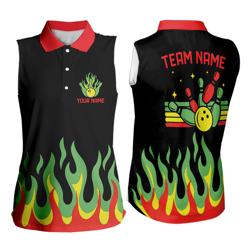 Black, Green and Red Flame Retro Bowling Sleeveless Polo Shirt Custom Bowling Team Jerseys NQS9426