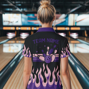 Black and Purple Flame Retro Bowling Polo, Quarter Zip Shirt for Women Custom Bowling Team Jerseys NQS9427