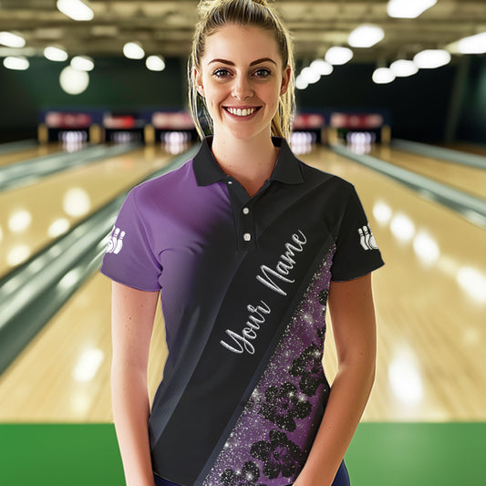 Black and Purple Glitter Flower Bowling Polo, Quarter Zip Shirt for Women Custom Bowling Team Jerseys NQS9432