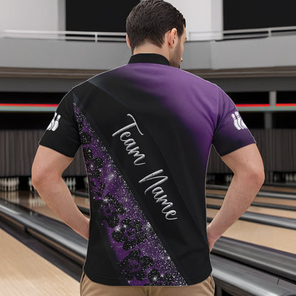 Black and Purple Glitter Flower Bowling Polo, Quarter Zip Shirt for Men Custom Bowling Team Jerseys NQS9432