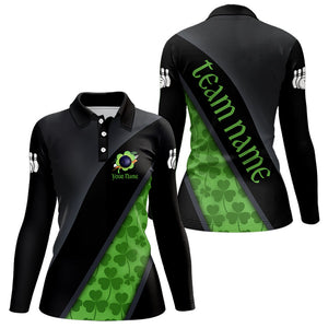 Black & Green Shamrock St Patrick Day Bowling Polo, 1/4 Zip Shirt for Women Custom Bowling Team Jersey NQS9434