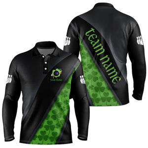 Black and Green Shamrock St Patrick Day Bowling Polo, 1/4 Zip Shirt for Men Custom Bowling Team Jersey NQS9434