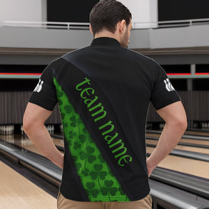 Black and Green Shamrock St Patrick Day Bowling Polo, 1/4 Zip Shirt for Men Custom Bowling Team Jersey NQS9434