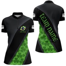 Load image into Gallery viewer, Black &amp; Green Shamrock St Patrick Day Bowling Polo, 1/4 Zip Shirt for Women Custom Bowling Team Jersey NQS9434