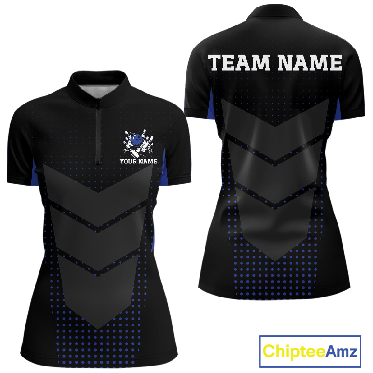 Navy blue and Black Womens Bowling Jerseys Custom Team bowling polo shirts, bowling zip jerseys NQS11532