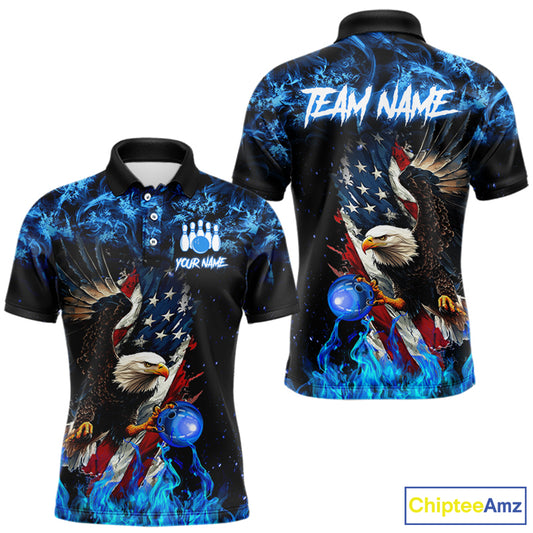 Blue Flame American Flag Eagle bowling shirts for Men Custom Bowling Team Jersey, gift for Bowler NQS9606