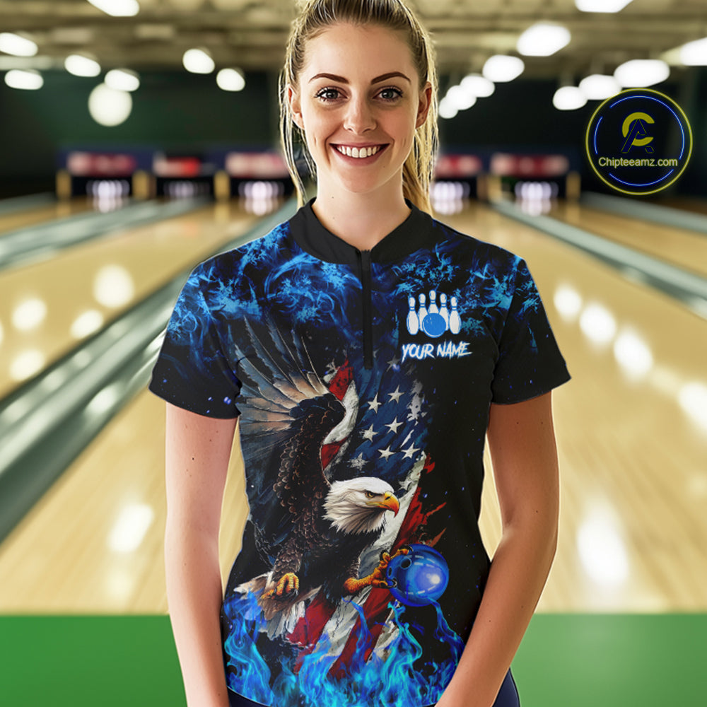 Blue Flame American Flag Eagle bowling shirts for Women Custom Bowling Team Jersey, gift for Bowler NQS9606