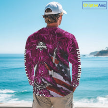 Load image into Gallery viewer, American flag fish hook pink camo fishing custom sun protection performance long sleeve fishing shirt NQS10011