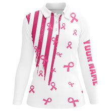 Load image into Gallery viewer, Personalized white golf polos shirt for women pink ribbon breast cancer awareness ladies golf tops NQS7913