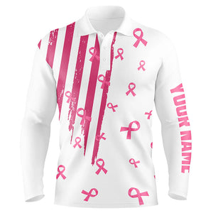 Personalized white golf polos shirt for men pink ribbon breast cancer awareness mens golf top NQS7913