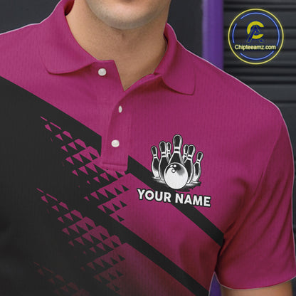 Black and Pink Bowling Polo, Quarter Zip shirts for Men Custom name bowling team league jerseys NQS10177