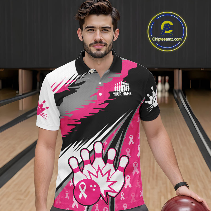 Mens bowling shirts Custom pink ribbons pattern Bowling Team Jersey, Breast cancer shirt for Bowler NQS10515