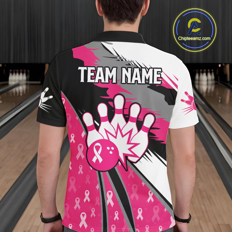 Mens bowling shirts Custom pink ribbons pattern Bowling Team Jersey, Breast cancer shirt for Bowler NQS10515