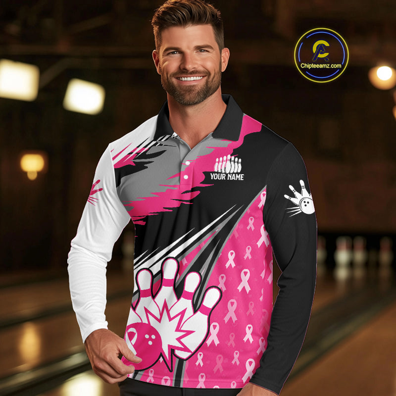 Mens bowling shirts Custom pink ribbons pattern Bowling Team Jersey, Breast cancer shirt for Bowler NQS10515